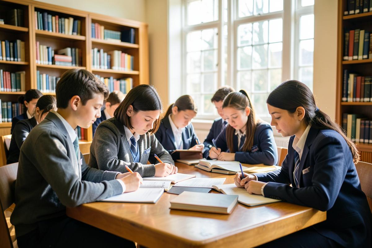 Students studying together at a table in the school library