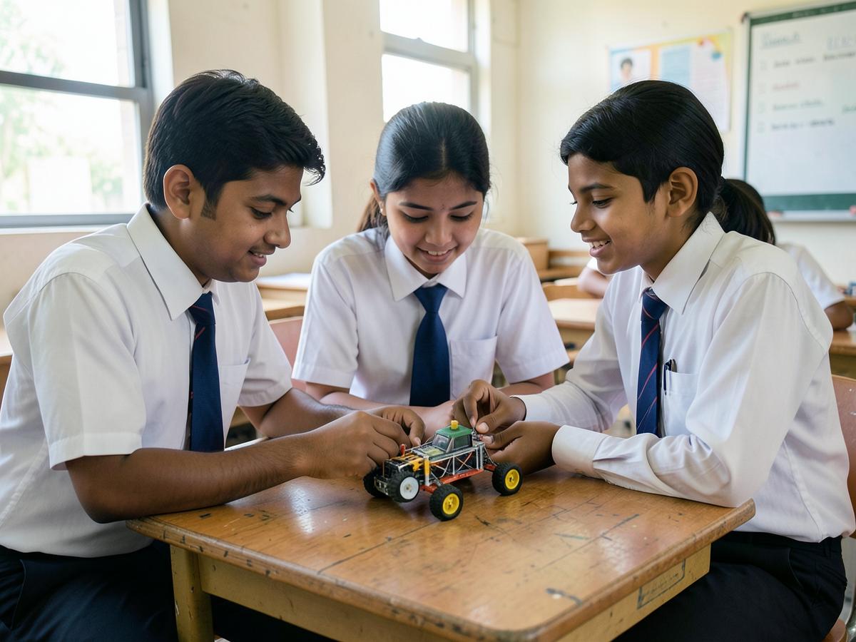 Middle school students building a robotics model together