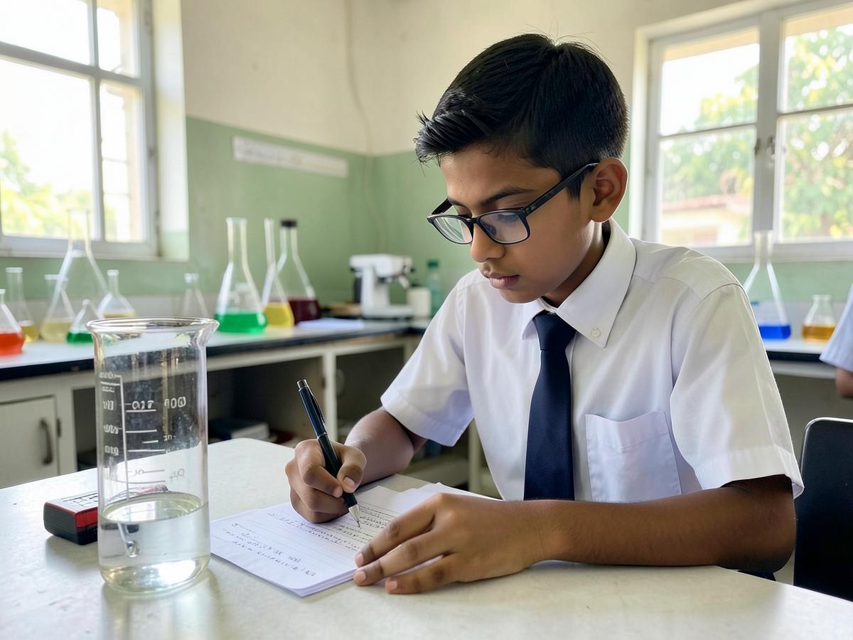 A secondary school student writing notes in the science lab