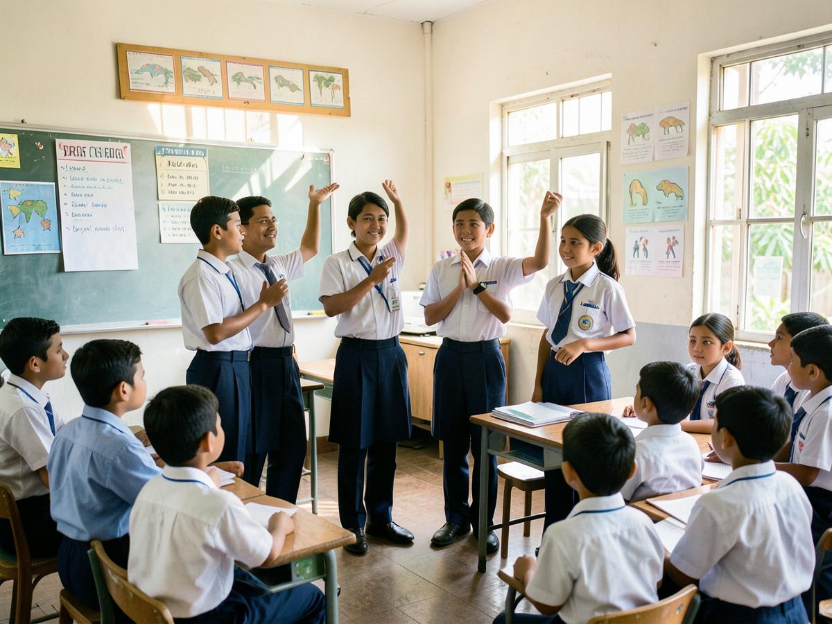 Students presenting to their classmates in a bright classroom