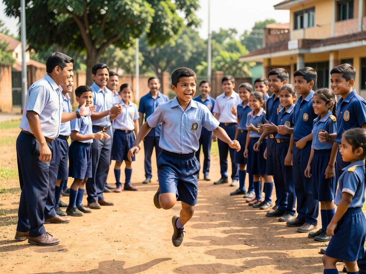 A child running a race on the school ground cheered on by classmates